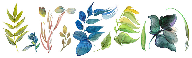 Border, banner of watercolor elements of green,blu leaves, twigs and herbs - for bouquets, wreaths, compositions, wedding invitations, anniversary, birthday, cards, congratulations, postcards, logo