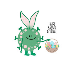 Lettring Happy Easter at home. Funny bunny like coronavirus, covid 19 hold basket with holidays eggs, flowers. Concept vector illustration.