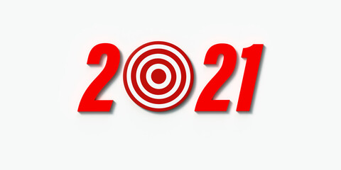 New Year goals and planning concept: Red numbers of the calendar year 2021 are 3D rendered on white background. The letter zero is a round dart board with turning cylindrical red and white lines