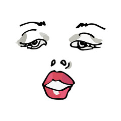 Vector illustration with a woman's face with black and red lips. Hand drawn icon and symbol for print, poster, sticker, card design, invitations to the fashion week, picture for make-up certificate.