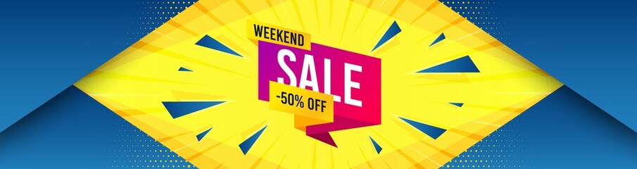 Weekend sale 50 percent off banner. Abstract background with offer message. Discount sticker shape. Hot offer icon. Best advertising coupon banner. Weekend sale badge shape. Vector