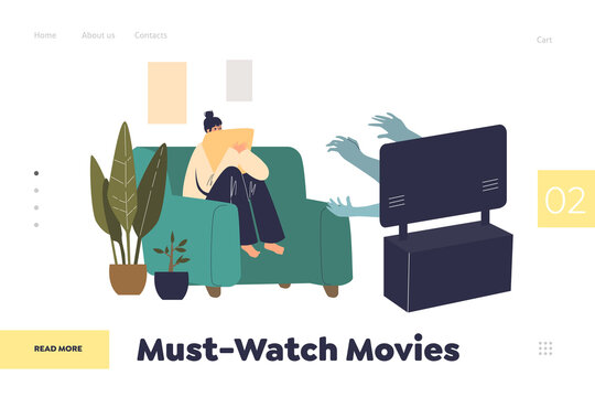 Watching must see movies on online streaming at home concept of landing page with woman at tv