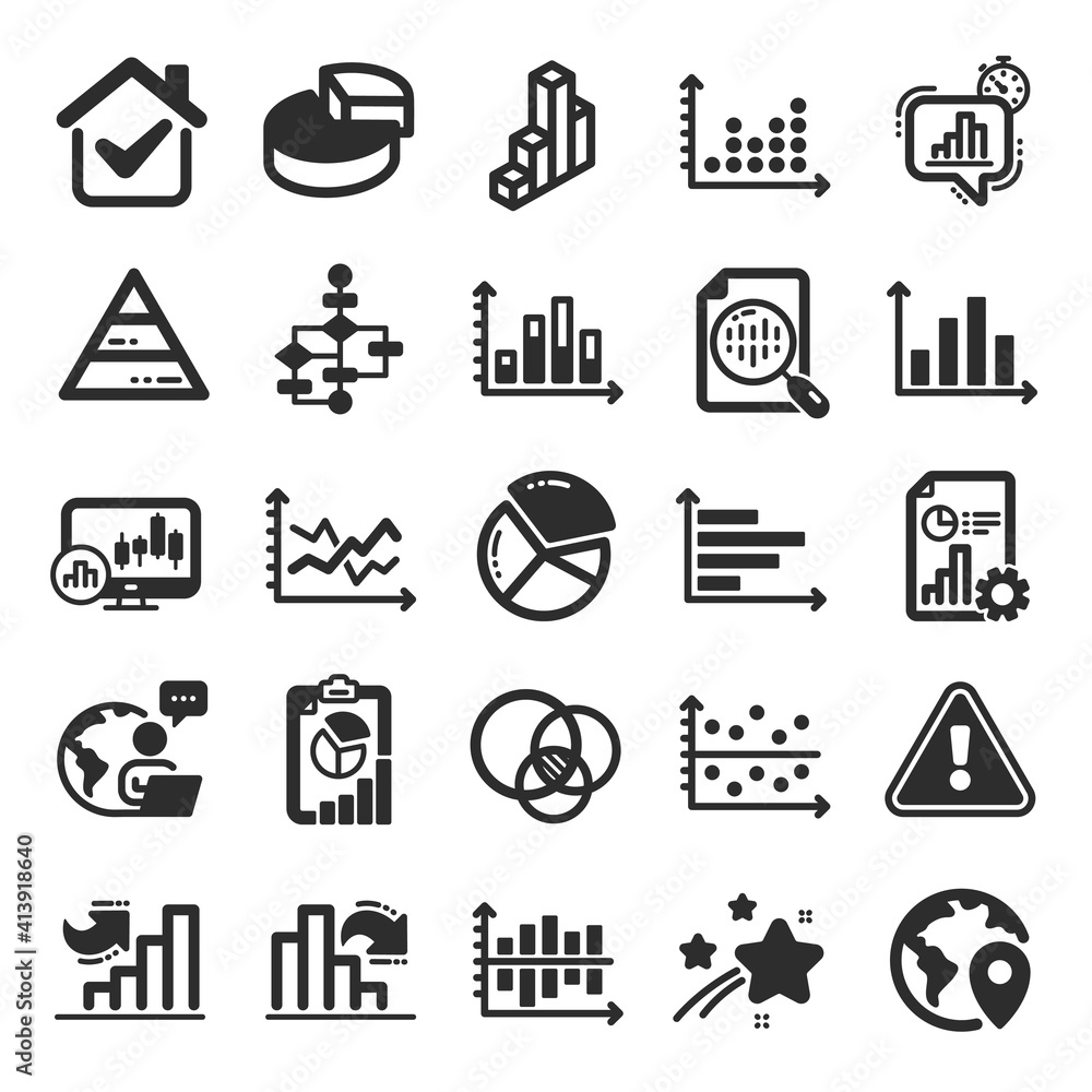 Poster charts and diagrams icons. report, 3d chart, block diagram and dot plot graph icons. trend, pyramid 