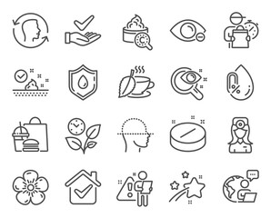 Healthcare icons set. Included icon as Leaves, Mint tea, Collagen skin signs. Face id, Blood donation, Vision test symbols. Skin care, No alcohol, Dermatologically tested. Medical tablet. Vector
