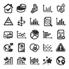 Charts and Diagrams icons. Report, 3D Chart, Block diagram and Dot Plot graph icons. Trend, Pyramid and Pie chart report symbols. Presentation infochart, process flow diagram. Flat icon set. Vector