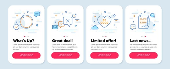 Set of line icons, such as Be good, Loop, Reject symbols. Mobile screen mockup banners. Agreement document line icons. Love sweetheart, Refresh, Delete message. Legal contract. Be good icons. Vector