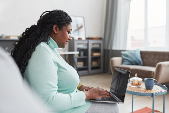Side view at curvy African American woman using laptop while working from home sitting on couch in minimal interior, copy space