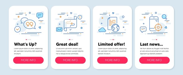 Set of Technology icons, such as Quote bubble, Internet document, Target path symbols. Mobile app mockup banners. Seo phone line icons. Chat comment, Web page, Business aim. Vector