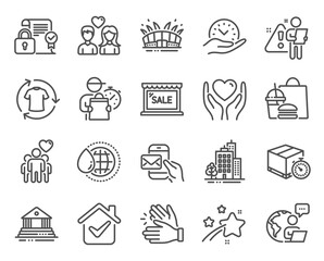Business icons set. Included icon as Safe time, Couple love, World water signs. Hold heart, Security contract, Court building symbols. Arena stadium, Messenger mail, Friendship. Buildings. Vector