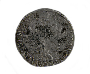 Medieval european silver coin on white background