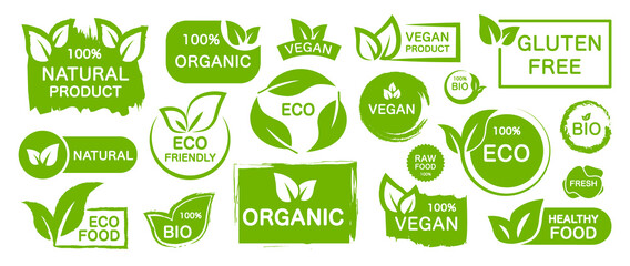Set of organic, eco, vegan, bio food labels. Collection logos for healthy food. Green emblems for promotion natural products. Vector illustration.