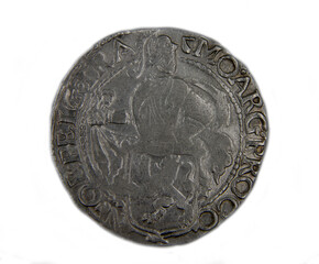 Medieval european silver coin on white background