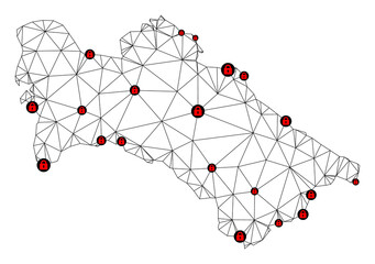 Polygonal mesh lockdown map of Turkmenistan. Abstract mesh lines and locks form map of Turkmenistan. Vector wire frame 2D polygonal line network in black color with red locks. - obrazy, fototapety, plakaty