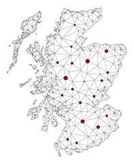 Polygonal mesh lockdown map of Scotland. Abstract mesh lines and locks form map of Scotland. Vector wire frame 2D polygonal line network in black color with red locks.
