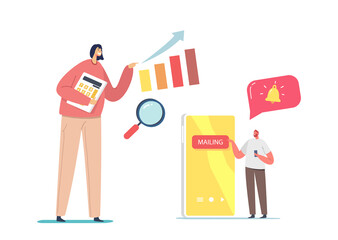 Businessman and Businesswoman Characters Sending Emails to Clients. Digital Marketing, Tiny Business Man Mailing