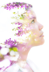 A creative portrait combined with a floral photo creating a visual illusion