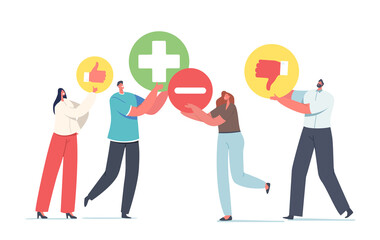 Tiny Male and Female Characters with Huge Plus and Minus Icons, Thumb Up and Down. Men and Women Count Advantages