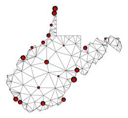 Polygonal mesh lockdown map of West Virginia State. Abstract mesh lines and locks form map of West Virginia State. Vector wire frame 2D polygonal line network in black color with red locks.