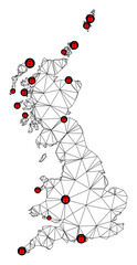 Polygonal mesh lockdown map of Great Britain. Abstract mesh lines and locks form map of Great Britain. Vector wire frame 2D polygonal line network in black color with red locks.