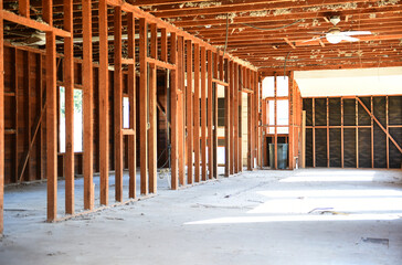 Interior of a building remodel stripped down to the studs.