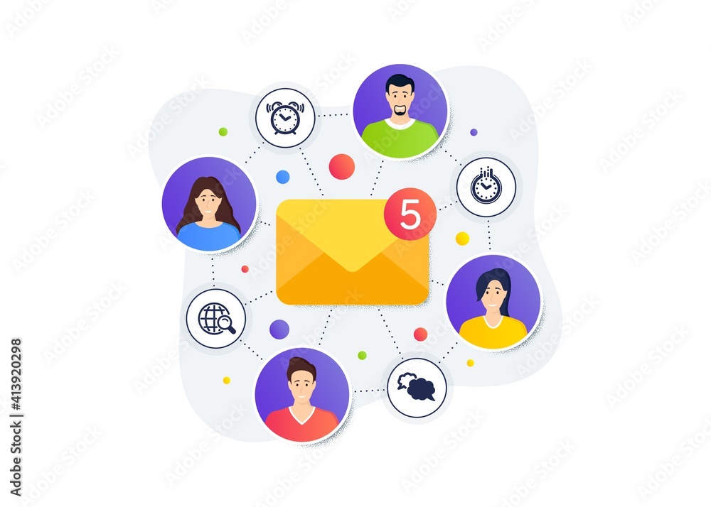 Poster alarm clock, internet search and time icons simple set. teamwork messages banner. employee remote wo
