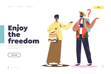 Helping lost tourists concept of landing page with woman showing traveler way