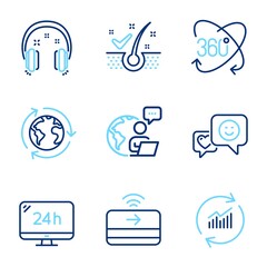 Technology icons set. Included icon as Contactless payment, Anti-dandruff flakes, 24h service signs. Smile, Update data, Headphones symbols. Full rotation, Outsourcing line icons. Vector
