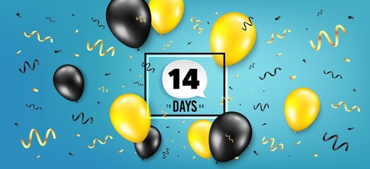 Fourteen days left icon. Countdown speech bubble. Balloon confetti background. 14 days to go sign. Days to go birthday balloon. Celebrate countdown banner. Counter background. Vector
