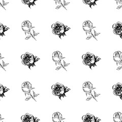 Doodle simple vector seamless pattern of hand-drawn peonies. Seamless random pattern of hand-drawn peonies. Isolated on white background.