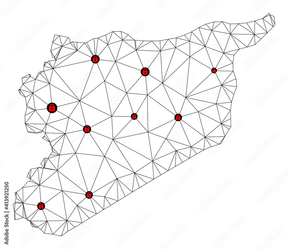 Poster polygonal mesh lockdown map of syria. abstract mesh lines and locks form map of syria. vector wire f