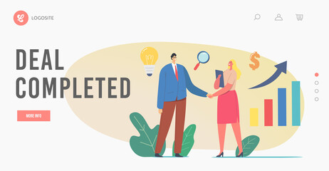 Successful Business Collaboration Landing Page Template. Businesspeople Shaking Hand. B2b Data and Key Indicators