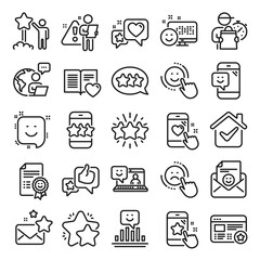 Feedback line icons. Set of User Opinion, Customer service and Star Rating icons. Testimonial, Positive negative emotion, Customer satisfaction. Social media feedback, star rating technology. Vector