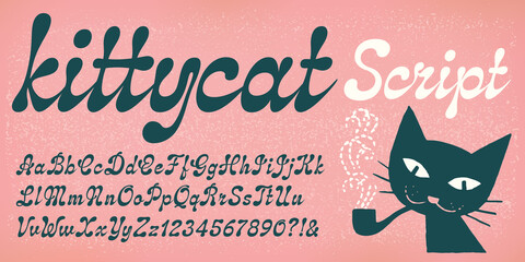 Kittycat Script is a modern vintage or futuristic script style of type with bulbous or teardrop shaped stroke terminals.