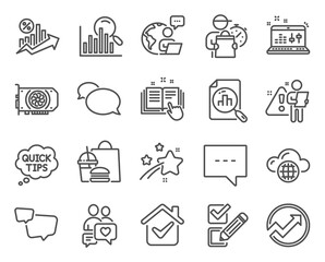 Technology icons set. Included icon as Audit, Loan percent, Technical documentation signs. Analytics graph, Dating chat, Search symbols. Quick tips, Gpu, Checkbox. Cloud computing, Blog. Vector