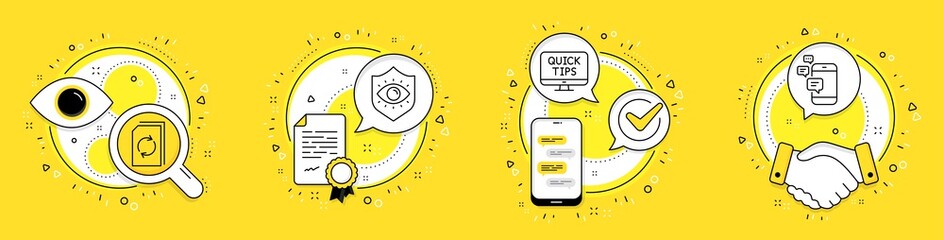 Eye protection, Update document and Web tutorials line icons set. Licence, cell phone and deal vector icons. Communication sign. Optometry, Refresh file, Quick tips. Smartphone messages. Vector