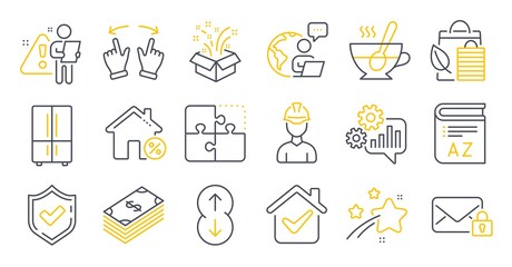 Set of Business icons, such as Secure mail, Cogwheel, Tea cup symbols. Bio shopping, Gift, Confirmed signs. Refrigerator, Scroll down, Loan house. Move gesture, Vocabulary, Puzzle. Foreman. Vector