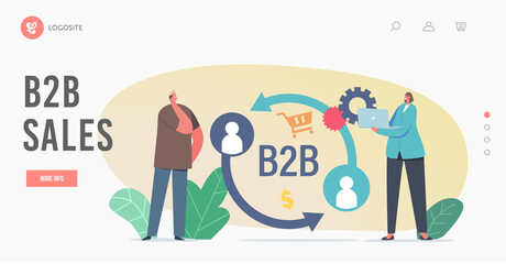 B2B Sales Landing Page Template. Businesspeople Characters Business to Business Marketing Strategy, Online Partnership