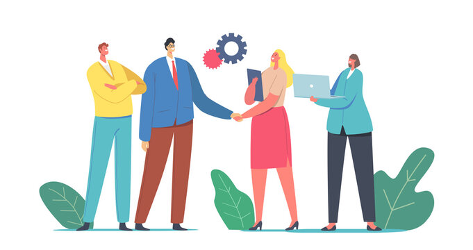 Businessman and Businesswoman Characters Shaking Hands Selling Products and Services due Business-to-Business b2b Sales
