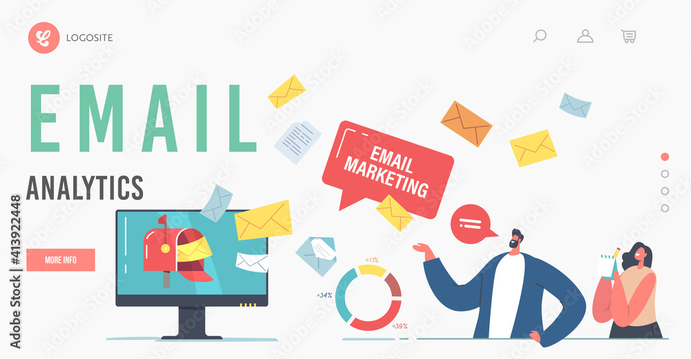 Poster email analytics landing page template. e-mail marketing. business characters at huge computer deskto