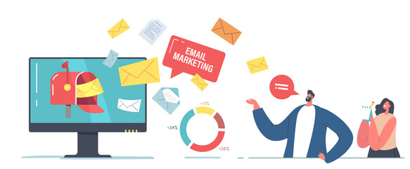 Email Marketing Technology Concept. Tiny Businessman and Businesswoman Characters Stand at Huge Computer Desktop