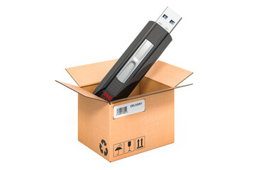 USB flash inside cardboard box, delivery concept. 3D rendering