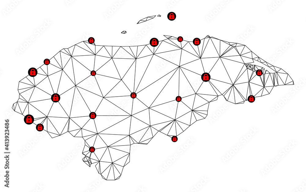 Poster polygonal mesh lockdown map of honduras. abstract mesh lines and locks form map of honduras. vector 