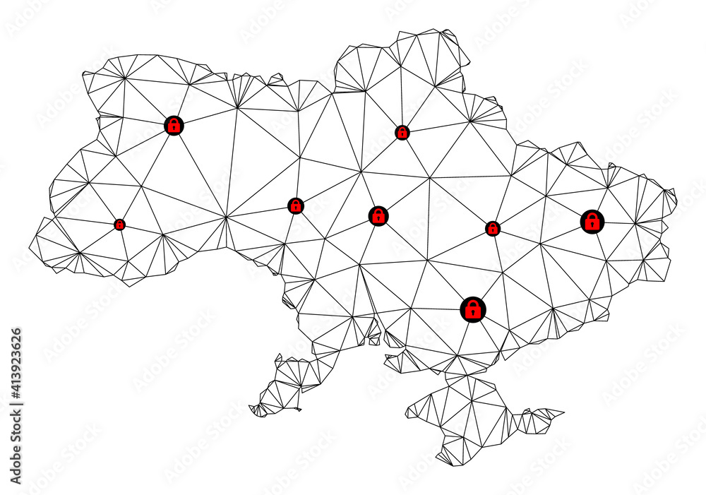 Poster polygonal mesh lockdown map of ukraine. abstract mesh lines and locks form map of ukraine. vector wi