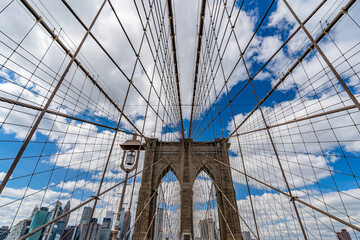 Brooklyn Bridge across East River to Low Manhattan New York. Wide angle view