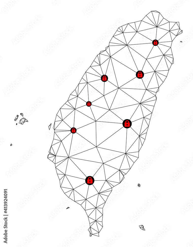 Poster Polygonal mesh lockdown map of Taiwan. Abstract mesh lines and locks form map of Taiwan. Vector wire frame 2D polygonal line network in black color with red locks.