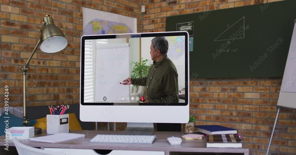 Sticker Mixed race male teacher on computer screen during video call