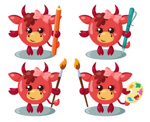 Set of funny cute kawaii cow with round body, pencil, pen, brush and palette in flat design with shadows. Isolated animal vector illustration	