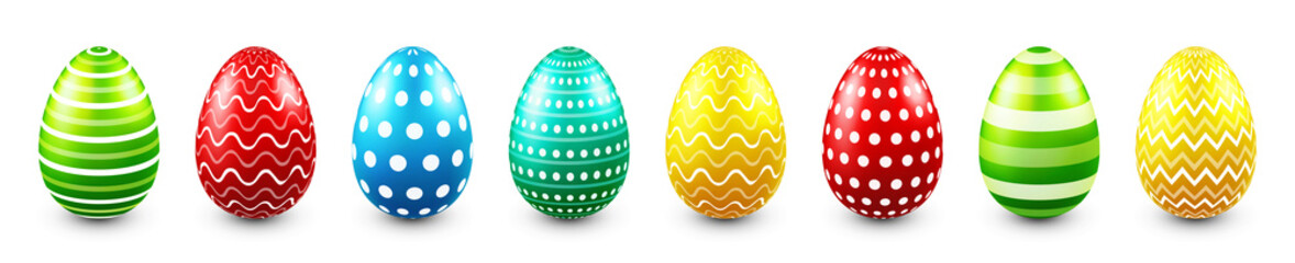 Colorful Easter eggs isolated on white background. Seasonal spring decoration element. Egg hunt game. Vector illustration.
