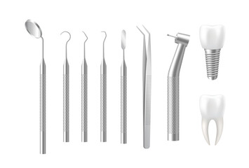 3d tooth, implant and dental tools set. Realistic teeth with stainless dentist equipment