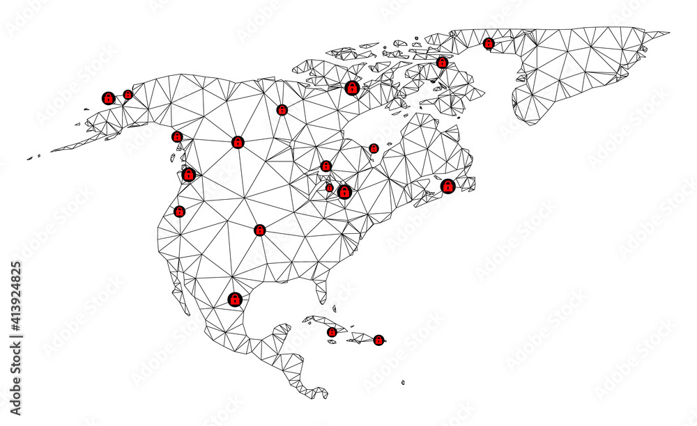 Poster polygonal mesh lockdown map of north america and greenland. abstract mesh lines and locks form map o